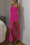 Pink Sexy Solid Patchwork Flounce Slit Asymmetrical Strapless Long Dress Dresses