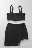 Black Sexy Casual Solid Tassel Patchwork Backless Spaghetti Strap Sleeveless Two Pieces