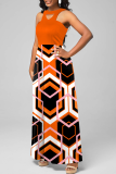 Tangerine Red Casual Print Patchwork O Neck Waist Skirt Dresses