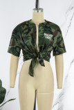 Camouflage Casual Letter Camouflage Print O Neck Tops