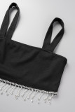 Black Sexy Casual Solid Tassel Patchwork Backless Spaghetti Strap Sleeveless Two Pieces