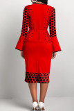 Red Casual Elegant Print Patchwork O Neck One Step Skirt Dresses