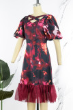 Deep Red Elegant Print Patchwork Asymmetrical Collar A Line Dresses