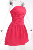 Rose Red Sexy Solid Patchwork Fold Strapless A Line Dresses