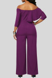 Burgundy Casual Solid Patchwork Flounce Off the Shoulder Straight Jumpsuits
