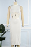 Cream White Sexy Solid Patchwork Rhinestone Half A Turtleneck Pencil Skirt Dresses
