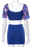 Blue Sexy Print Patchwork See-through Square Collar Short Sleeve Two Pieces