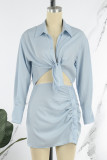 Light Blue Casual Solid Patchwork Turndown Collar Shirt Dress Dresses