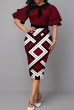 Burgundy Casual Print Patchwork With Bow O Neck One Step Skirt Dresses
