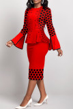Red Casual Elegant Print Patchwork O Neck One Step Skirt Dresses