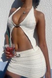 White Sexy Solid Backless Halter Sleeveless Two Pieces