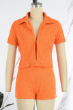 Orange Casual Solid Patchwork Turndown Collar Short Sleeve Two Pieces