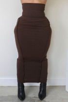 Brown Casual Solid Basic Skinny High Waist Conventional Solid Color Skirt