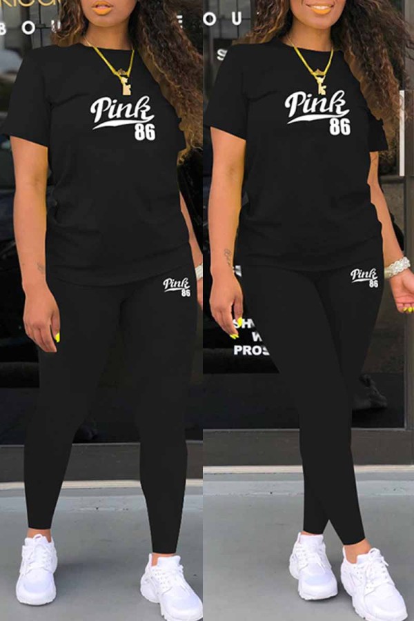 Black Casual Print Letter O Neck Short Sleeve Two Pieces