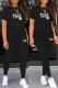 Black Casual Print Letter O Neck Short Sleeve Two Pieces