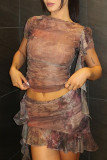 Khaki Sexy Print Patchwork Flounce O Neck Short Sleeve Two Pieces