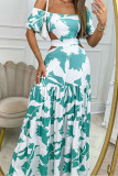 Green Daily Elegant Print Hollowed Out O Neck Printed Dress Dresses