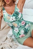 Green Casual Print Backless Swimwears (With Paddings)