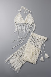 White Sexy Solid Tassel Bandage Hollowed Out Patchwork Halter Sleeveless Two Pieces
