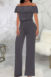 Red Casual Solid Patchwork Flounce Off the Shoulder Straight Jumpsuits