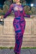 Purple Casual Print Basic O Neck Long Sleeve Two Pieces