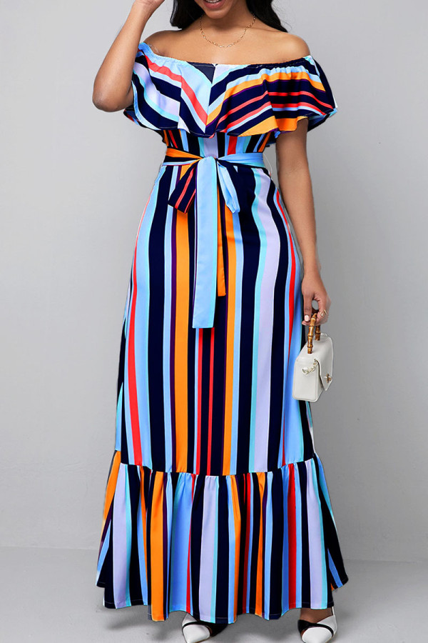 Multicolor Casual Striped Print Bandage Patchwork Off the Shoulder Straight Dresses