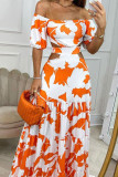 Tangerine Red Daily Elegant Print Hollowed Out O Neck Printed Dress Dresses
