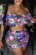 Blue Sexy Print Patchwork See-through Square Collar Short Sleeve Two Pieces