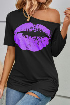 Black Purple Casual Lips Printed Printing Oblique Collar T-Shirts