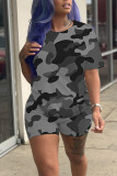 Camouflage Casual Print Patchwork O Neck Short Sleeve Two Pieces