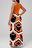 Tangerine Red Casual Print Patchwork O Neck Waist Skirt Dresses