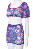 Blue Sexy Print Patchwork See-through Square Collar Short Sleeve Two Pieces