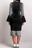 Red Casual Elegant Print Patchwork O Neck One Step Skirt Dresses