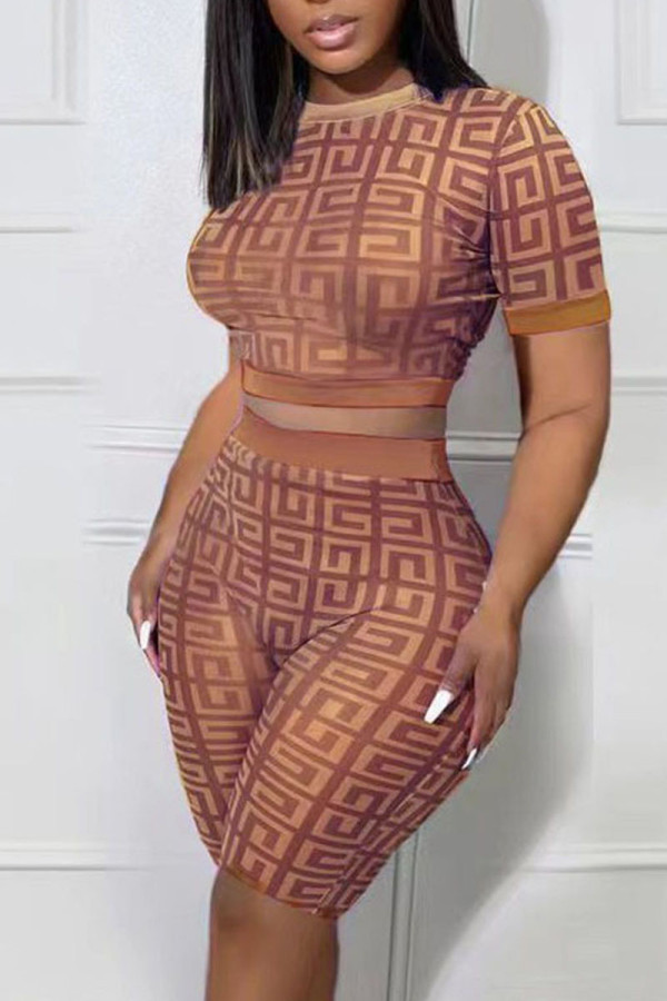 Brown Sexy Print Patchwork O Neck Short Sleeve Two Pieces