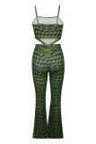 Olive Green Sexy Casual Print Backless Spaghetti Strap Sleeveless Two Pieces