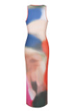 Decorative Pattern Celebrities Elegant Print Tie-dye O Neck Sheath Dresses