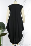 Black Casual Solid Patchwork O Neck Irregular Dress Plus Size Dresses