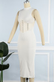 Cream White Sexy Solid Patchwork Rhinestone Half A Turtleneck Pencil Skirt Dresses