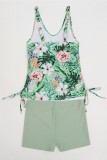 Green Casual Print Backless Swimwears (With Paddings)