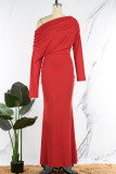 Red Sexy Solid Patchwork Oblique Collar Long Dress Dresses
