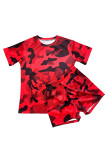 Brick Red Casual Print Patchwork O Neck Short Sleeve Two Pieces