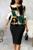 Green Casual Print Patchwork O Neck One Step Skirt Dresses