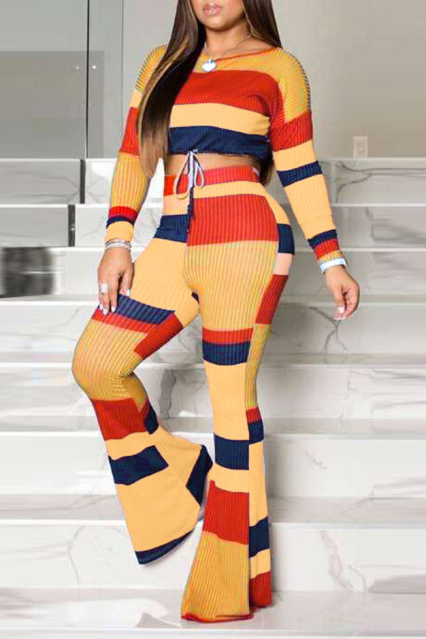 Colour Casual Striped Print Patchwork O Neck Long Sleeve Two Pieces