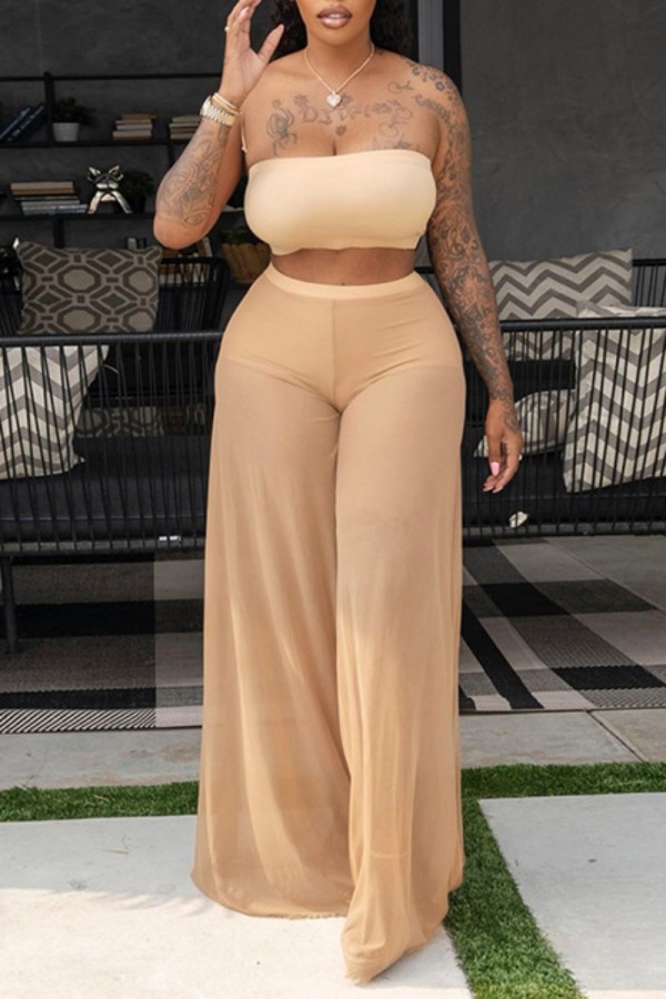 Khaki Sexy Casual Solid Backless Strapless Sleeveless Two Pieces