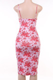 Pink Sexy Print Patchwork Spaghetti Strap One Step Skirt Dresses