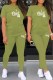 Green Casual Print Letter O Neck Short Sleeve Two Pieces