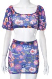 Blue Sexy Print Patchwork See-through Square Collar Short Sleeve Two Pieces