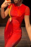 Tangerine Red Casual Print Basic O Neck Short Sleeve Dress Dresses