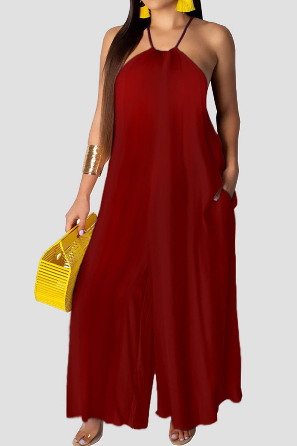 Burgundy Sexy Solid Patchwork Halter Straight Jumpsuits