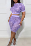 Purple Sexy Print Patchwork O Neck Short Sleeve Two Pieces
